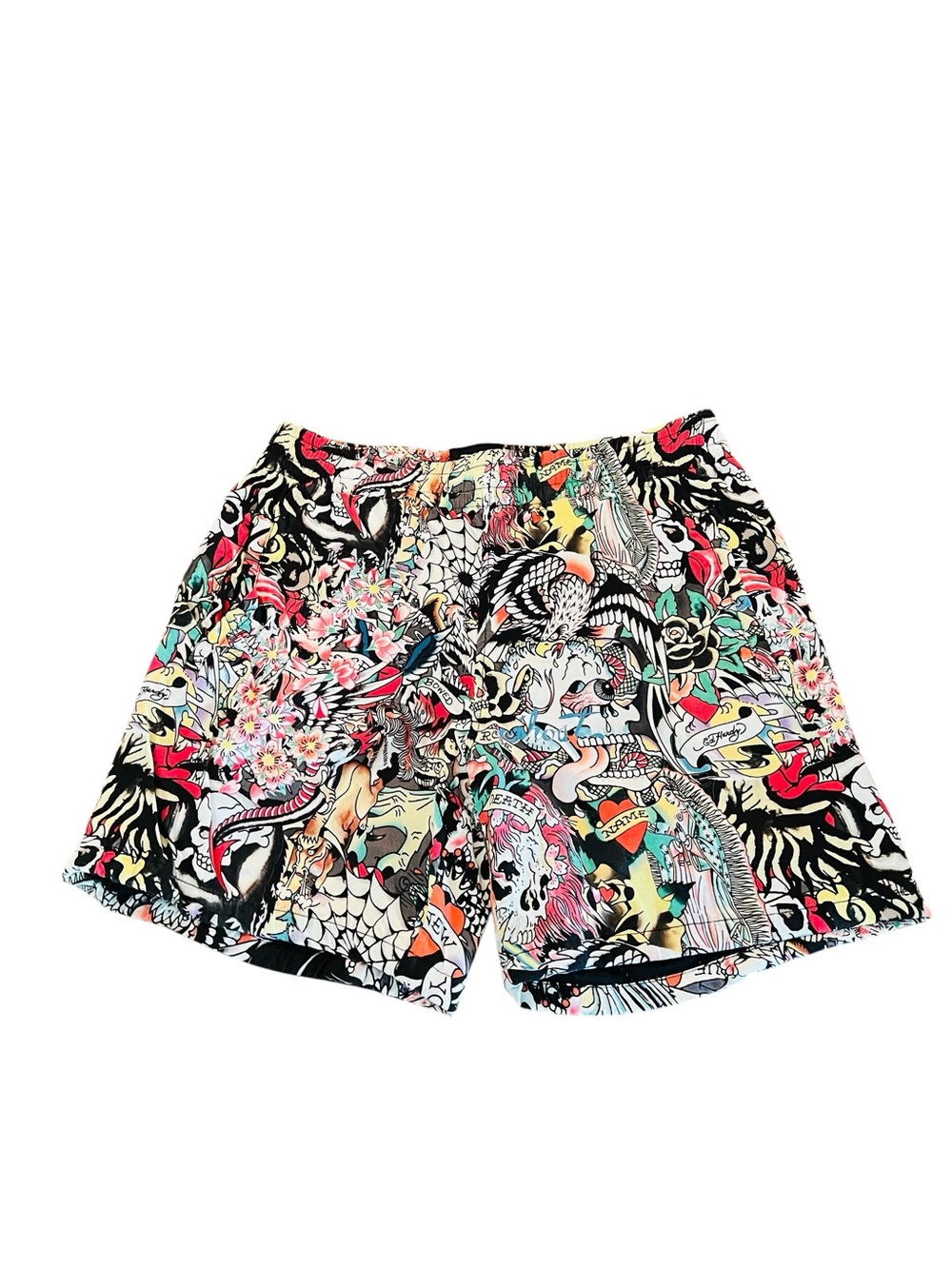 Ed Hardy Multicolor Tattoo Print Shorts - Black Base Size Medium
